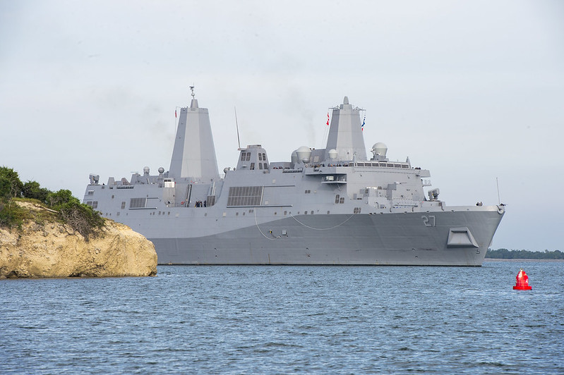 U. S. Navy cargo ship pulling into Guantanamo Bay.